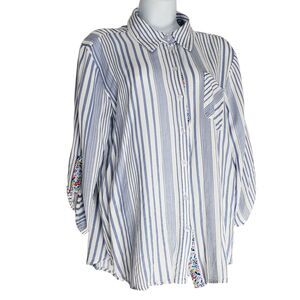 Siren Lily Striped Top Womens PXL  3/4 Sleeve Button Up Collared Floral Preppy